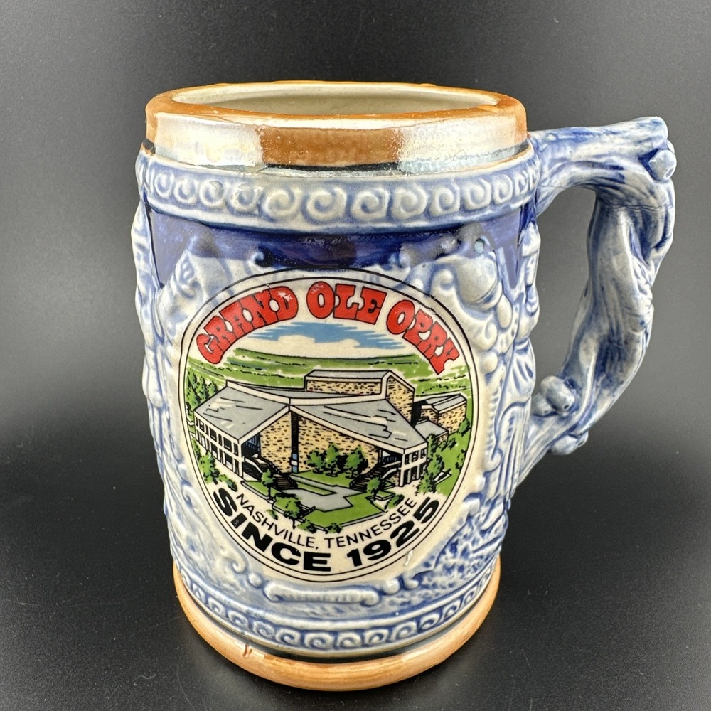 Grand Ole Opry Beer Stein Nashville Tennessee Blue Ceramic Relief Souvenir VTG